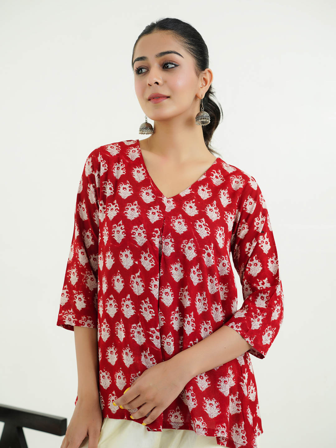 Block Printed Cotton Pleated Top Red