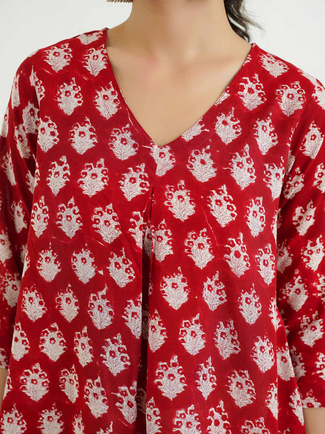 Block Printed Cotton Pleated Top Red