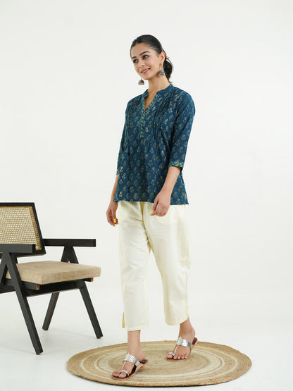 Chinese Collar Pintucks Short Kurta Indigo
