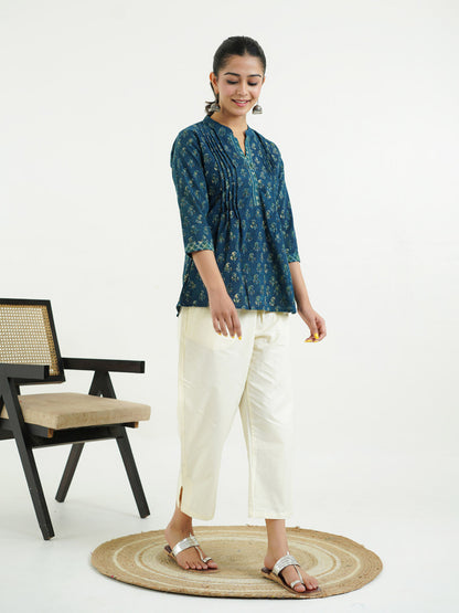 Chinese Collar Pintucks Short Kurta Indigo