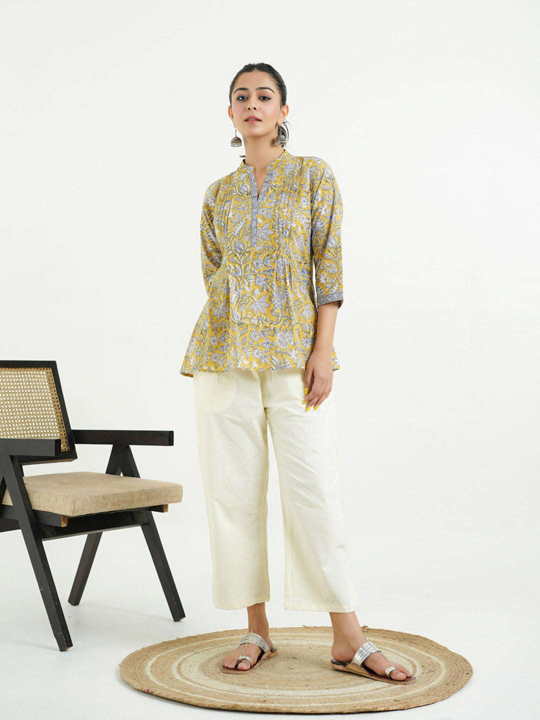 Chinese Collar Pintucks Short Kurta Mustard