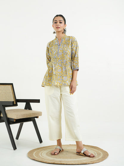 Chinese Collar Pintucks Short Kurta Mustard