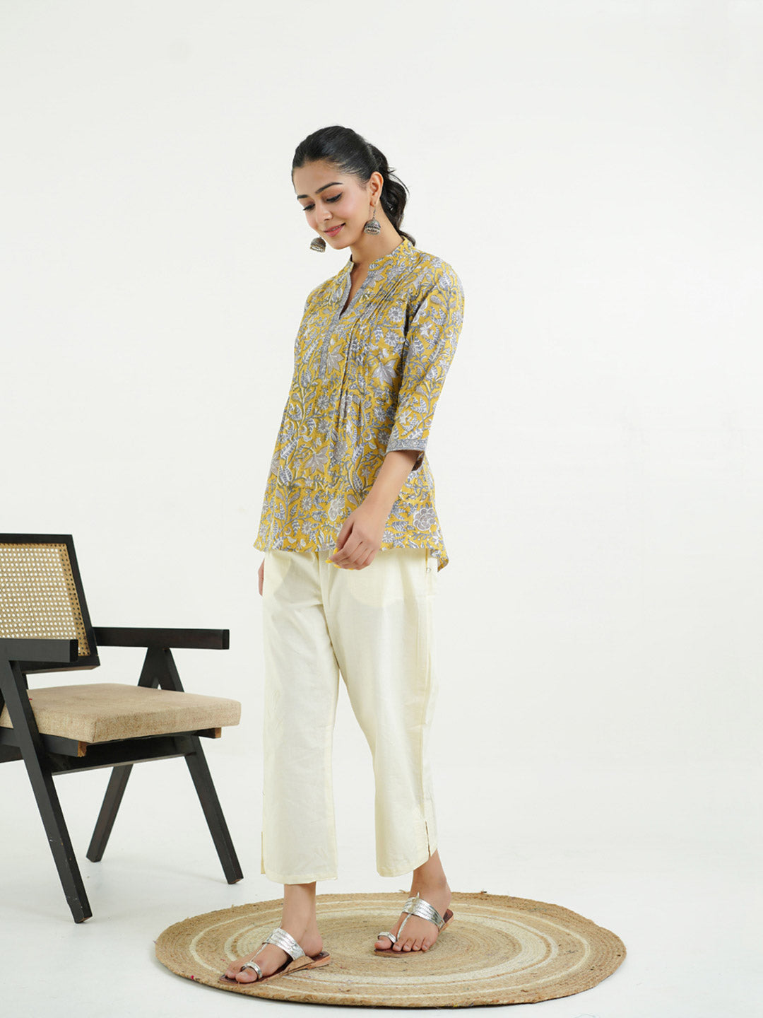 Chinese Collar Pintucks Short Kurta Mustard