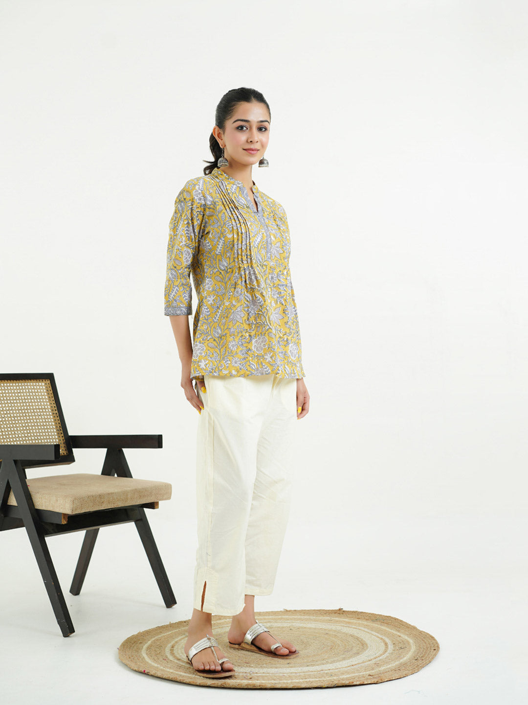 Chinese Collar Pintucks Short Kurta Mustard