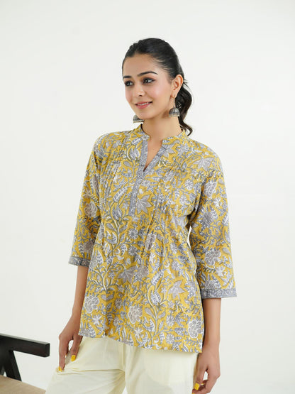 Chinese Collar Pintucks Short Kurta Mustard