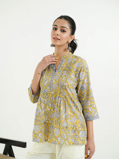 Chinese Collar Pintucks Short Kurta Mustard
