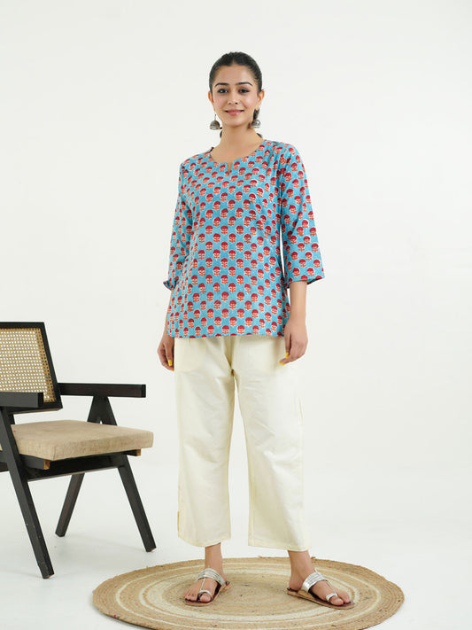 3/4th Sleeves Block Printed Cotton Top Turquoise
