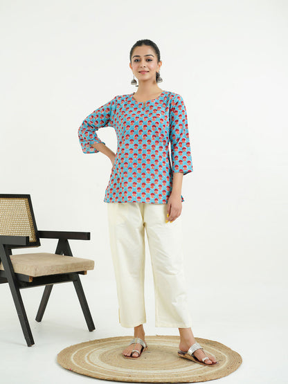 3/4th Sleeves Block Printed Cotton Top Turquoise