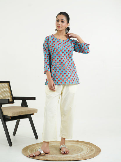 3/4th Sleeves Block Printed Cotton Top Turquoise