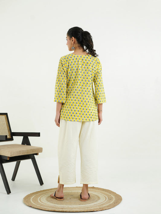3/4th Sleeves Block Printed Cotton Top Yellow