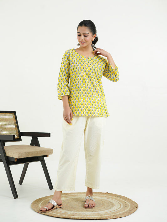 3/4th Sleeves Block Printed Cotton Top Yellow
