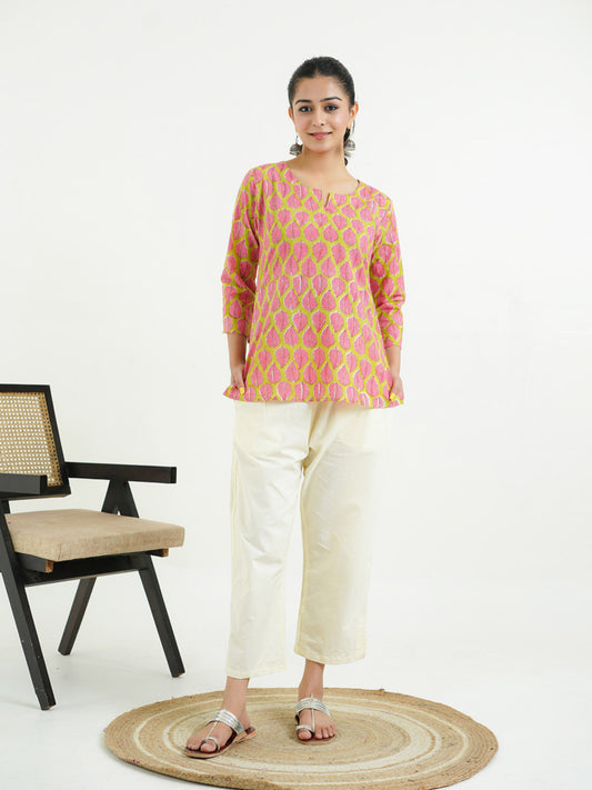 3/4th Sleeves Block Printed Cotton Top Green