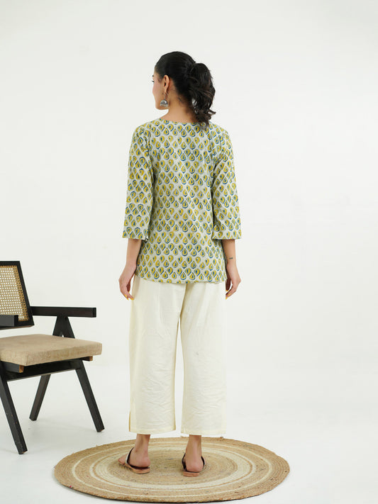 3/4th Sleeves Block Printed Cotton Top Indigo