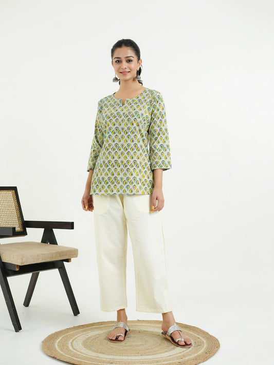 3/4th Sleeves Block Printed Cotton Top Indigo