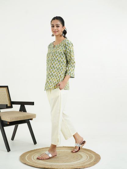 3/4th Sleeves Block Printed Cotton Top Indigo