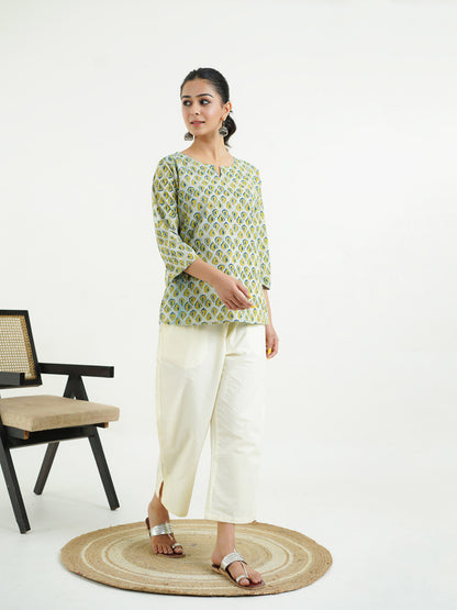 3/4th Sleeves Block Printed Cotton Top Indigo