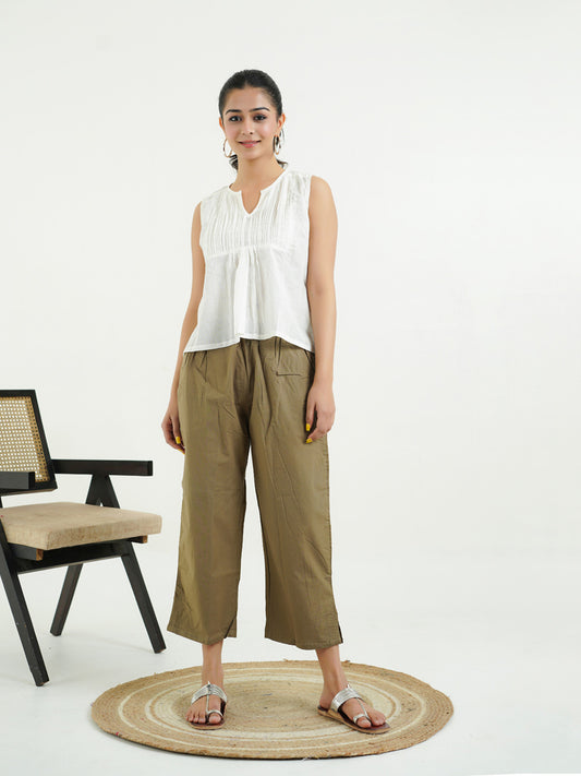 Cotton Solid Ankle Length Pants Khaki
