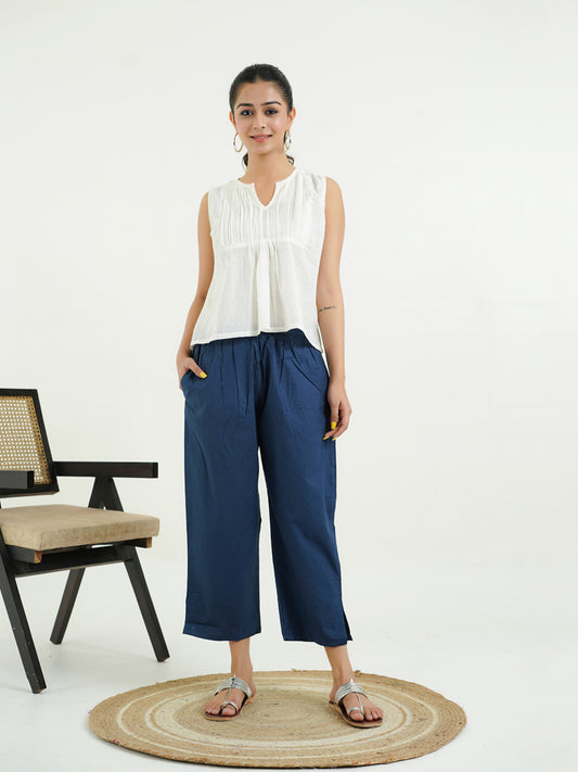 Cotton Solid Ankle Length Pants Blue