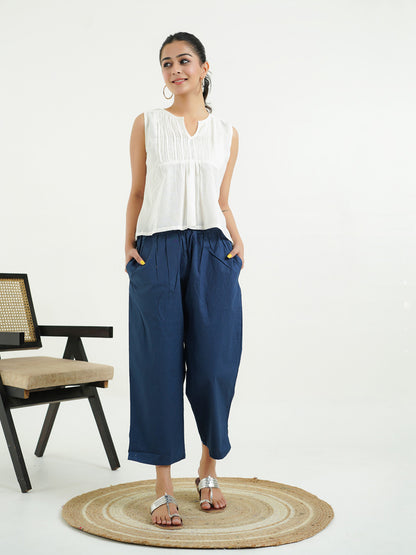 Cotton Solid Ankle Length Pants Blue