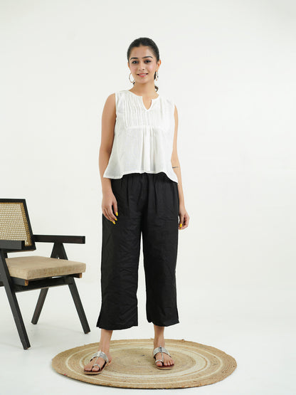 Cotton Solid Ankle Length Pants Black