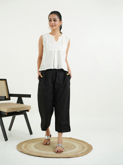 Cotton Solid Ankle Length Pants Black