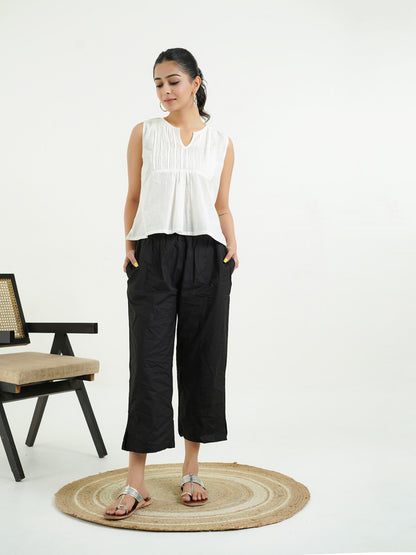 Cotton Solid Ankle Length Pants Black