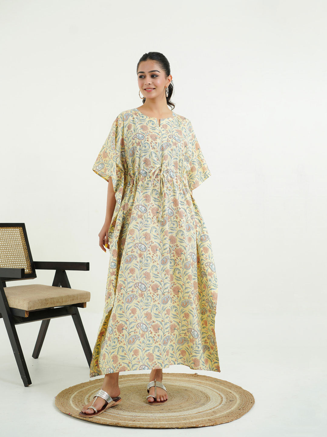 Block-Printed Cotton Long Kaftan Yellow