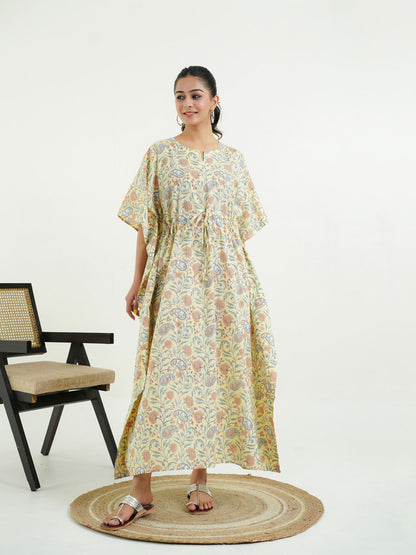 Block-Printed Cotton Long Kaftan Yellow