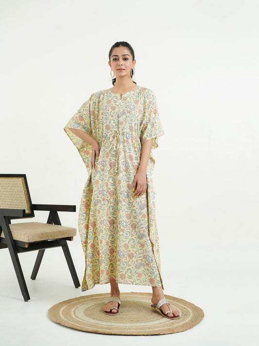Block-Printed Cotton Long Kaftan Yellow