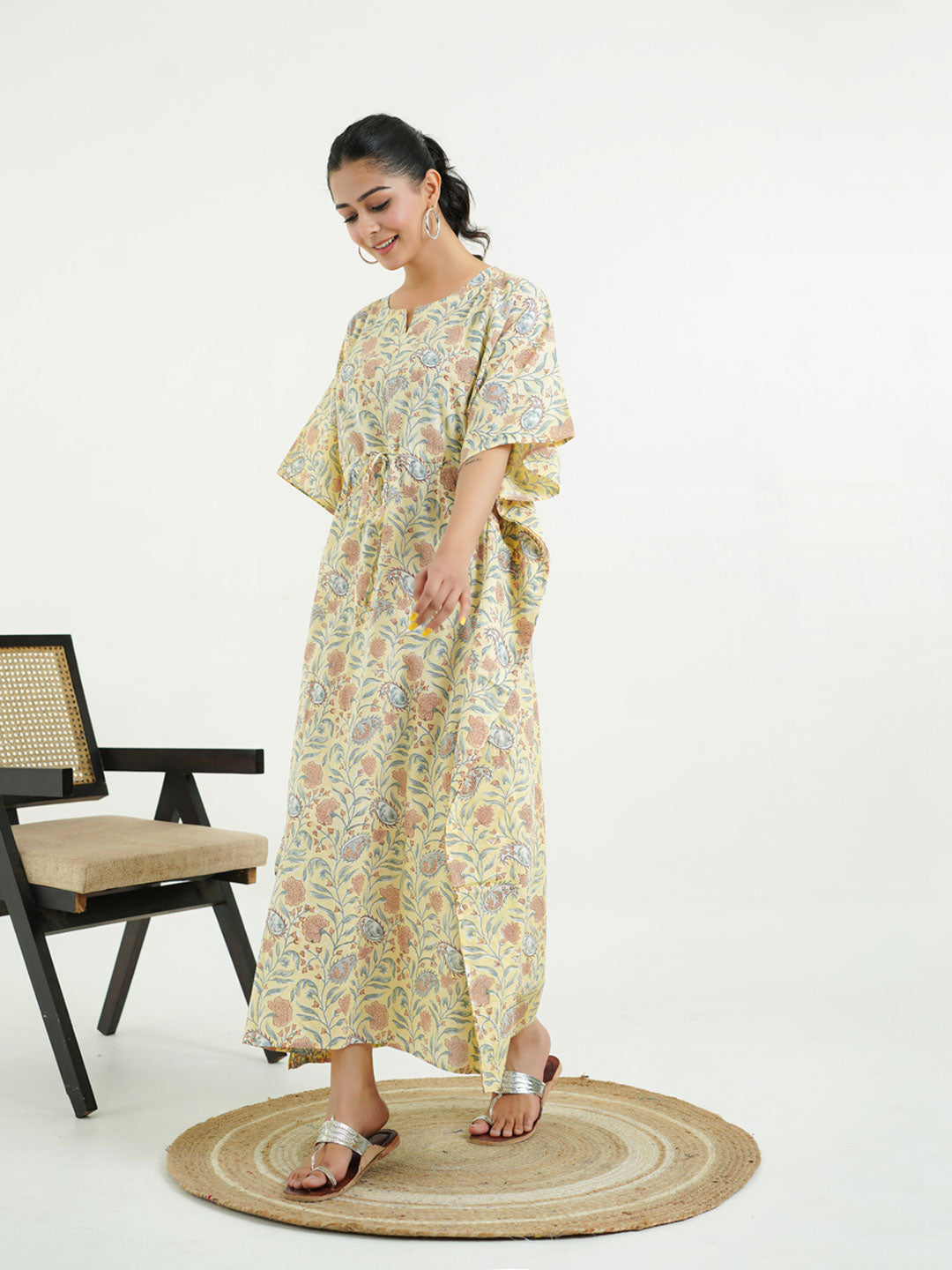 Block-Printed Cotton Long Kaftan Yellow