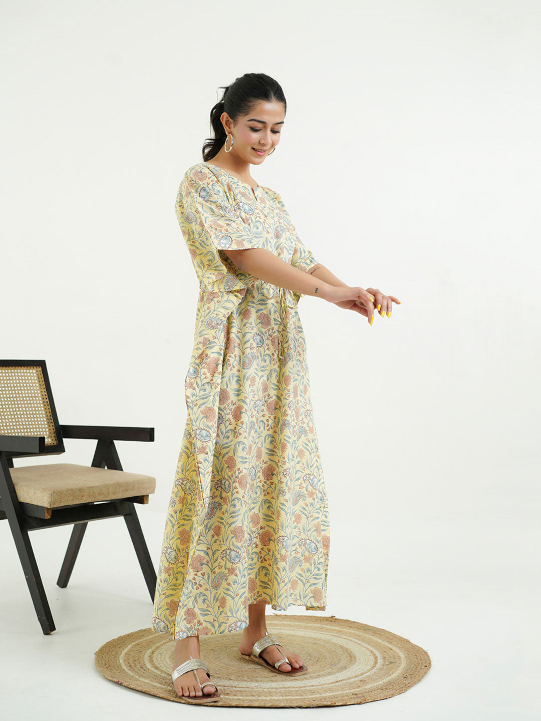 Block-Printed Cotton Long Kaftan Yellow