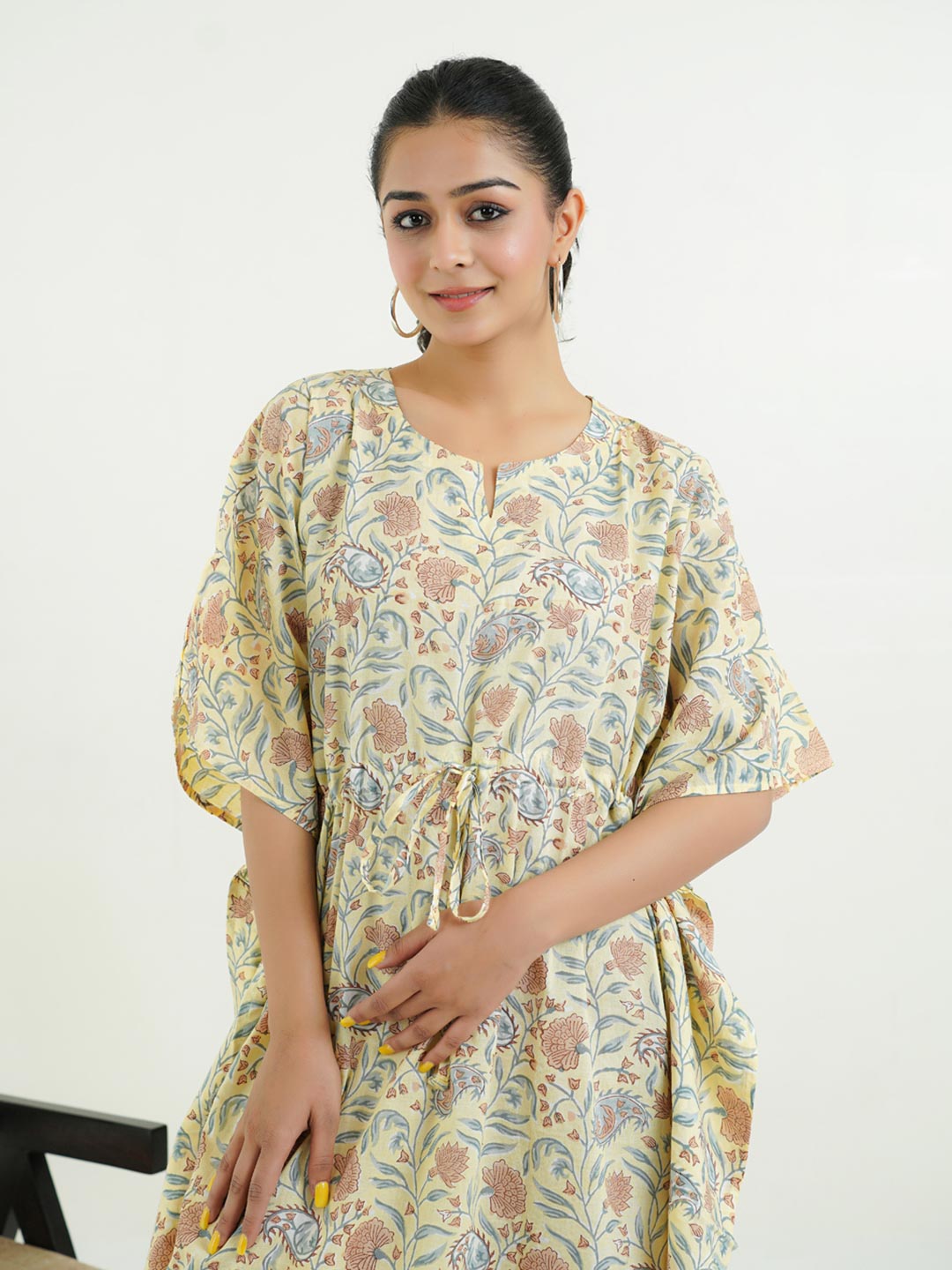 Block-Printed Cotton Long Kaftan Yellow