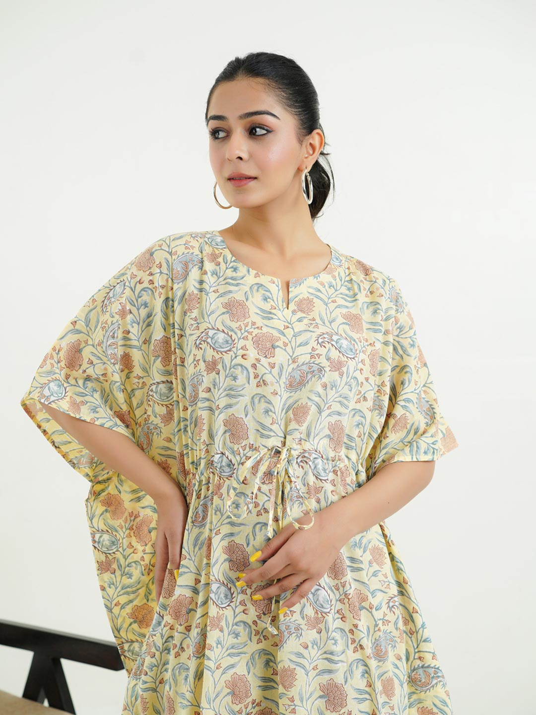 Block-Printed Cotton Long Kaftan Yellow