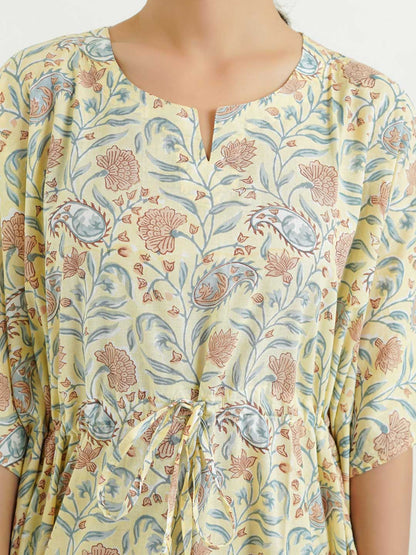 Block-Printed Cotton Long Kaftan Yellow