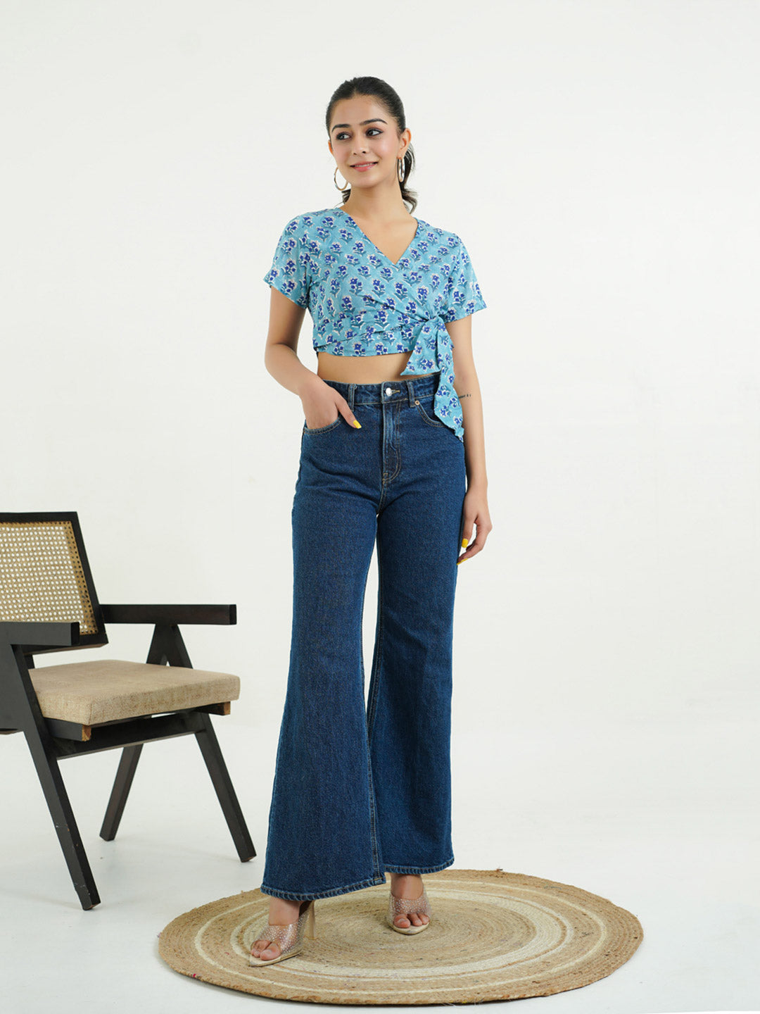 V-Neck Wrap Crop Top Aqua Blue