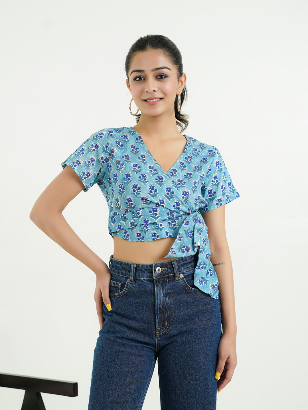 V-Neck Wrap Crop Top Aqua Blue