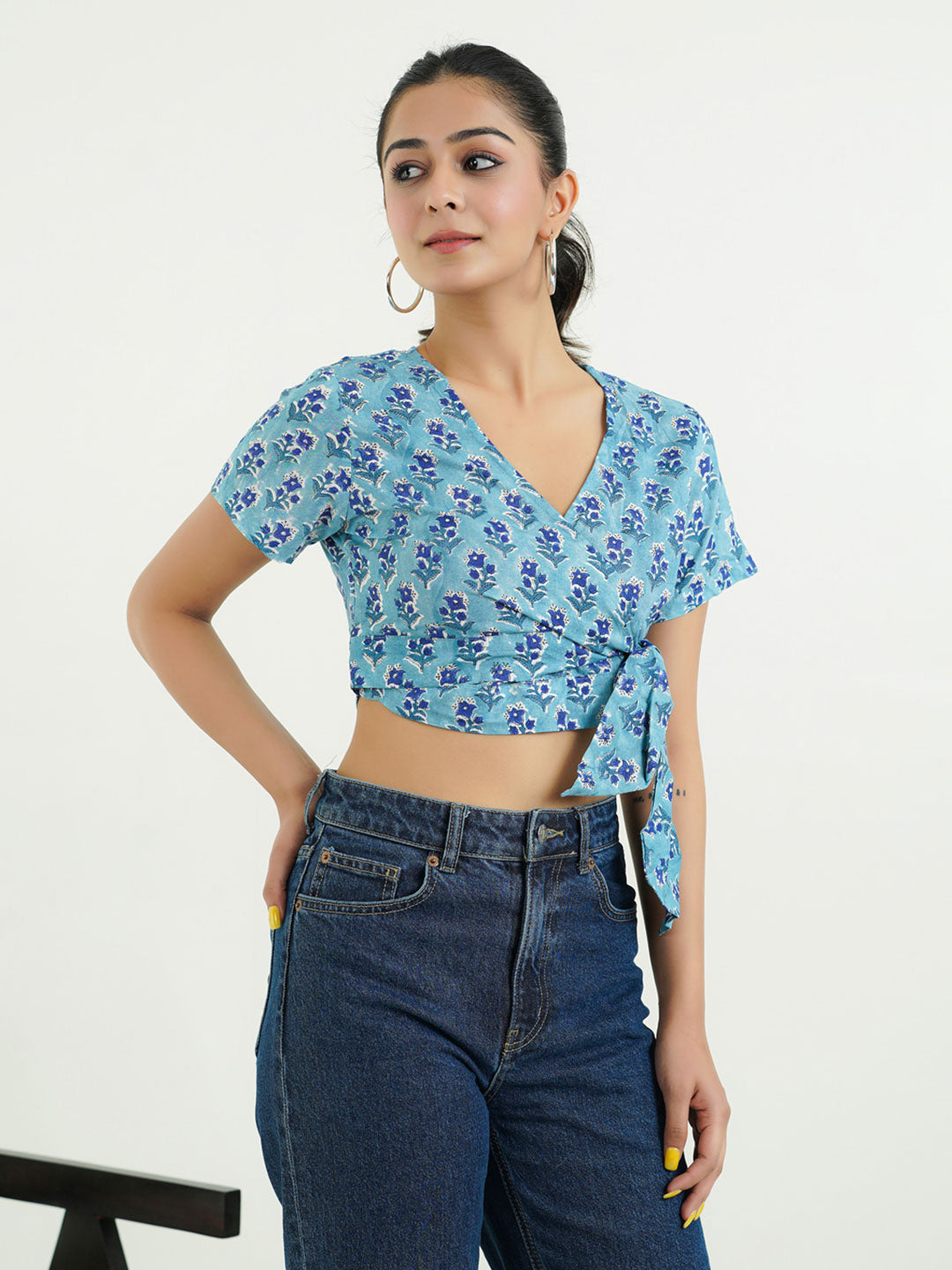 V-Neck Wrap Crop Top Aqua Blue
