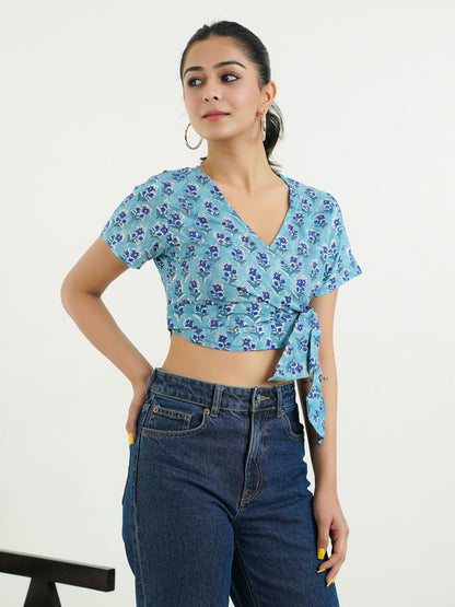 V-Neck Wrap Crop Top Aqua Blue