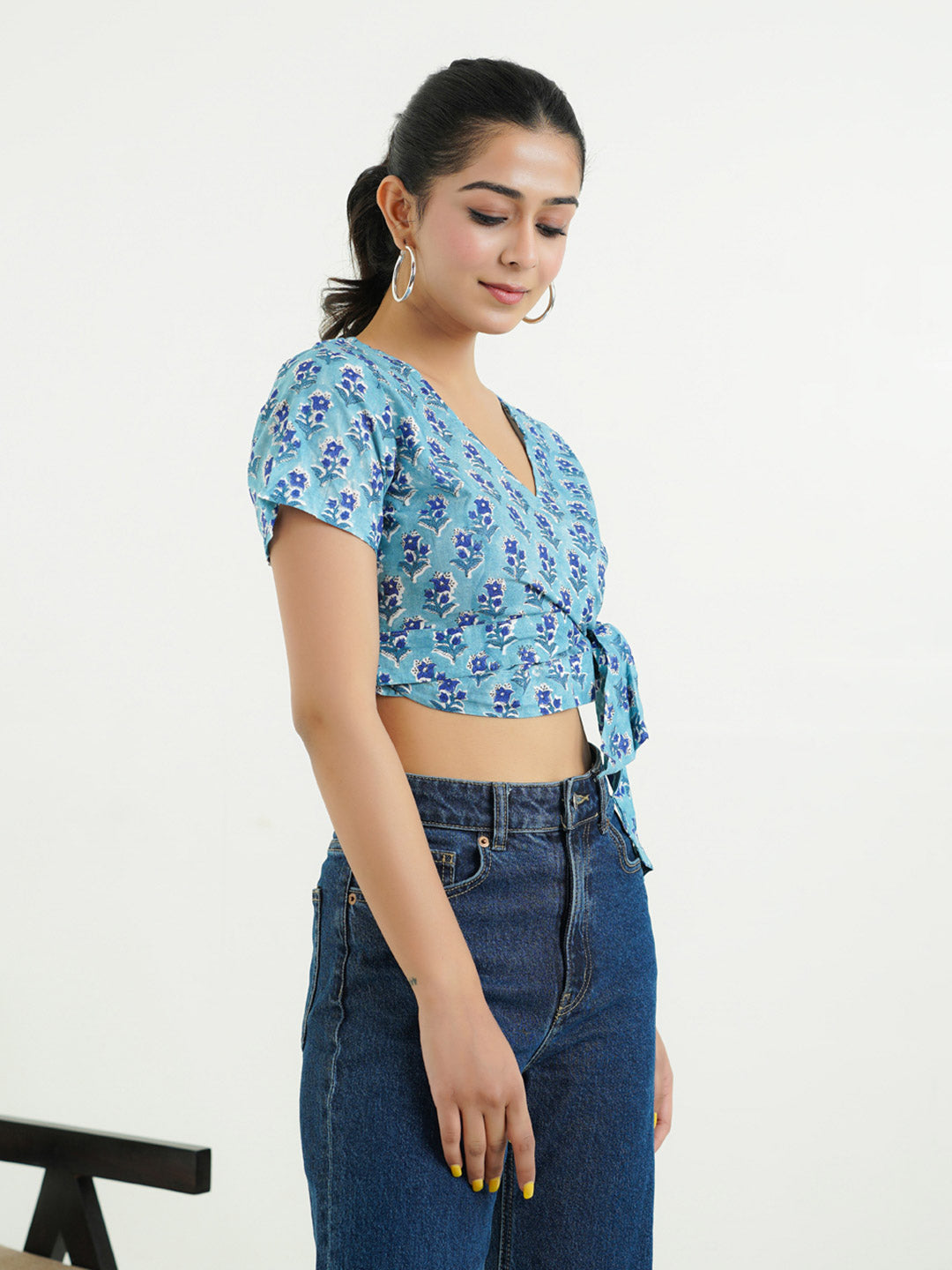 V-Neck Wrap Crop Top Aqua Blue