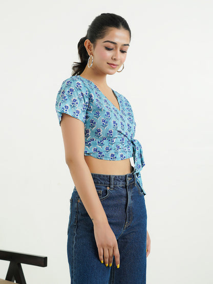 V-Neck Wrap Crop Top Aqua Blue