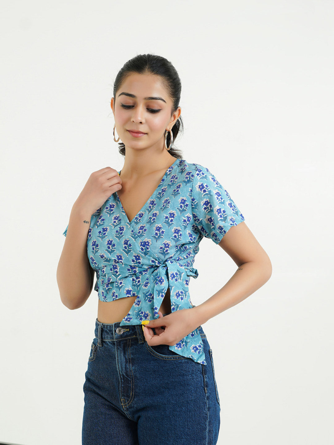 V-Neck Wrap Crop Top Aqua Blue
