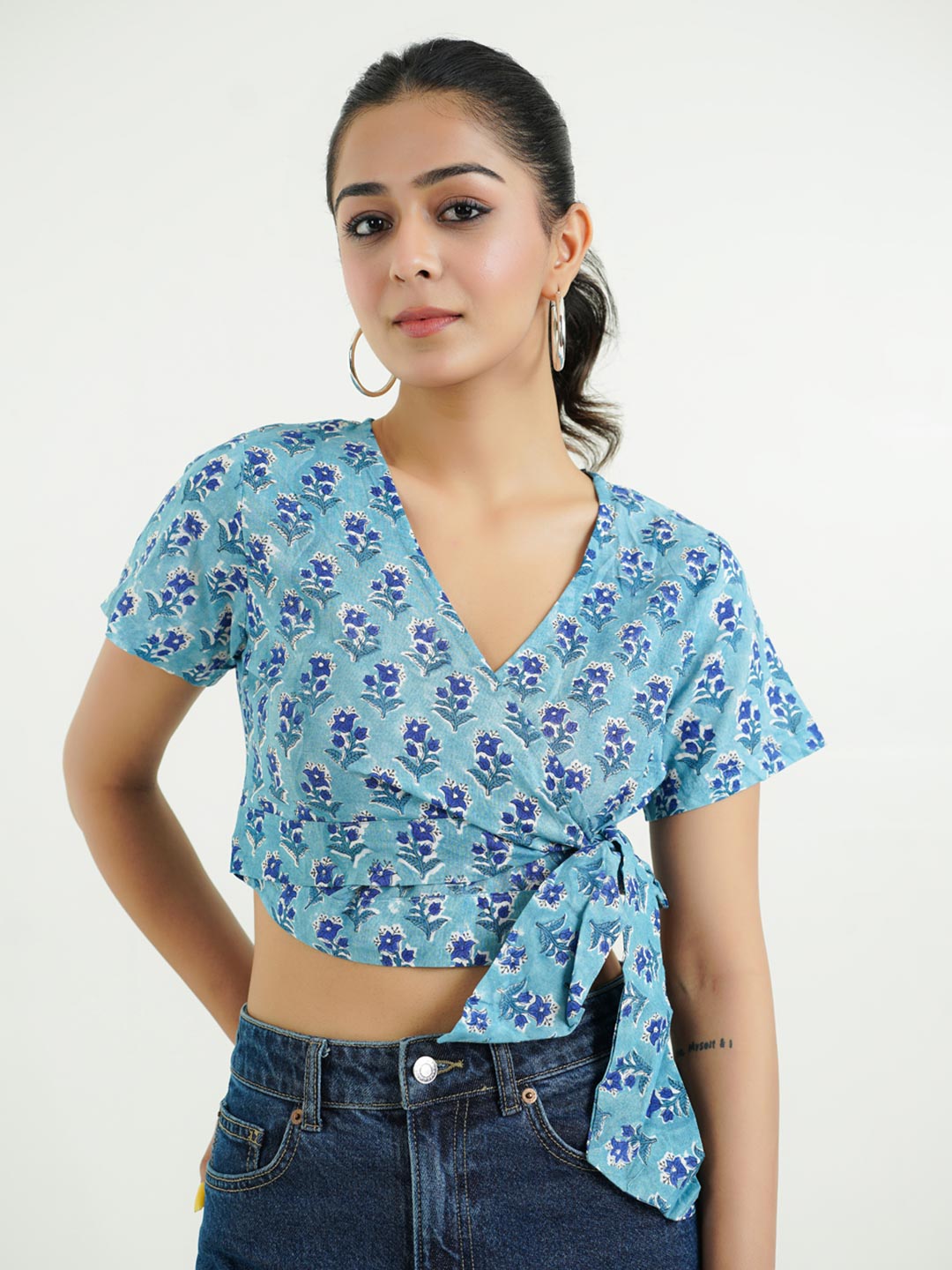 V-Neck Wrap Crop Top Aqua Blue