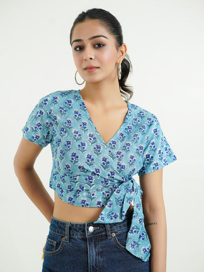 V-Neck Wrap Crop Top Aqua Blue