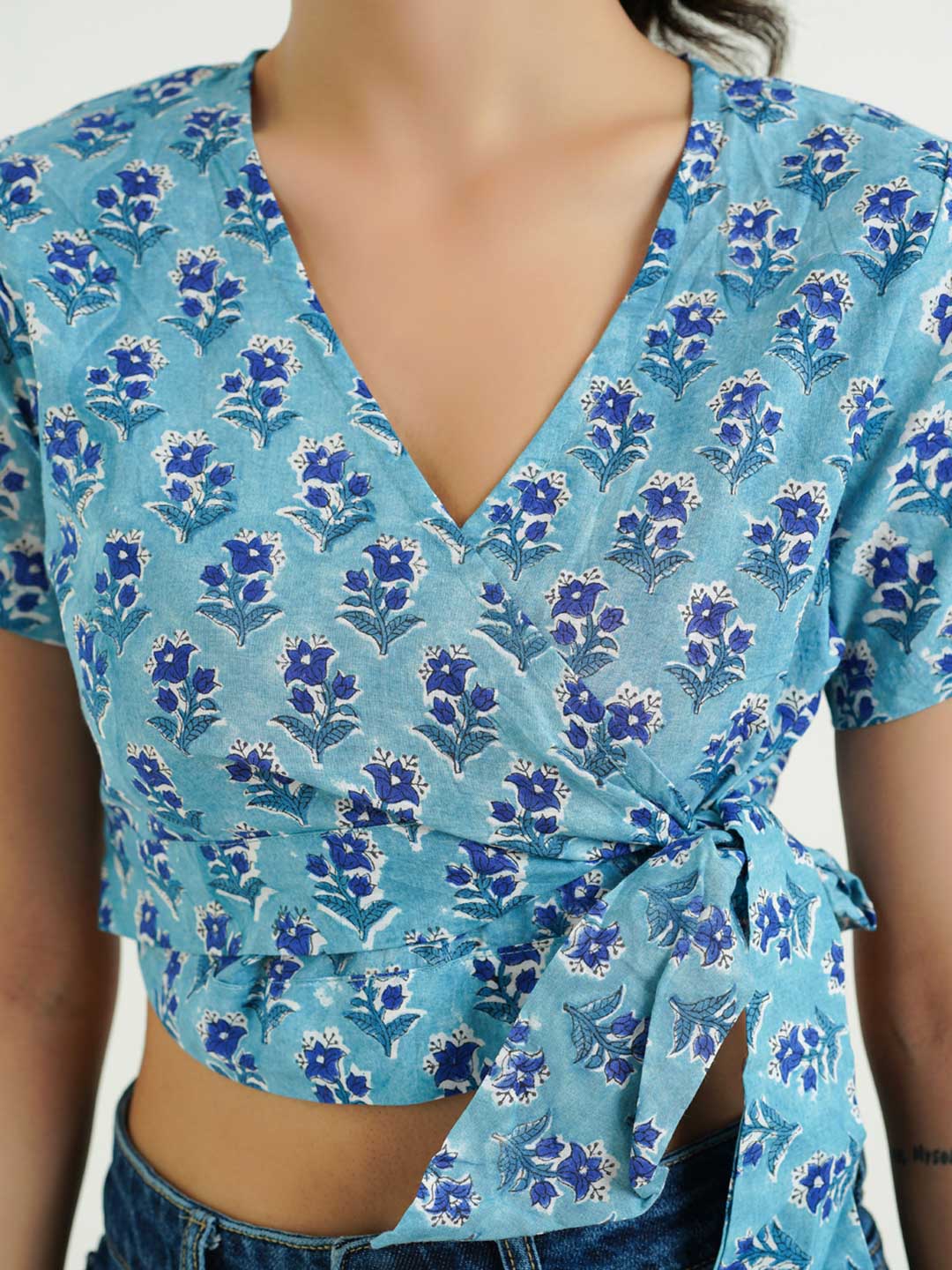 V-Neck Wrap Crop Top Aqua Blue