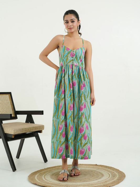 V-Neck Long Strappy Dress Green-Flower