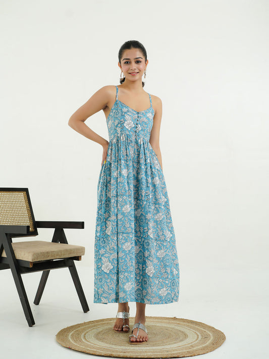 V-Neck Long Strappy Dress Blue