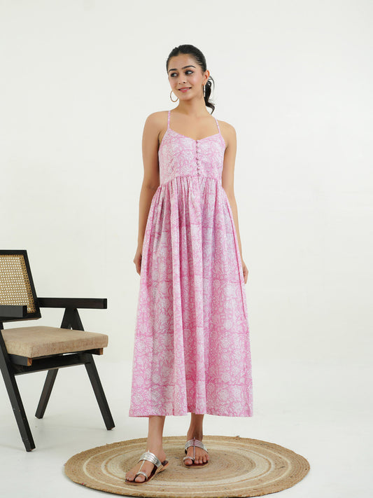 V-Neck Long Strappy Dress Pink