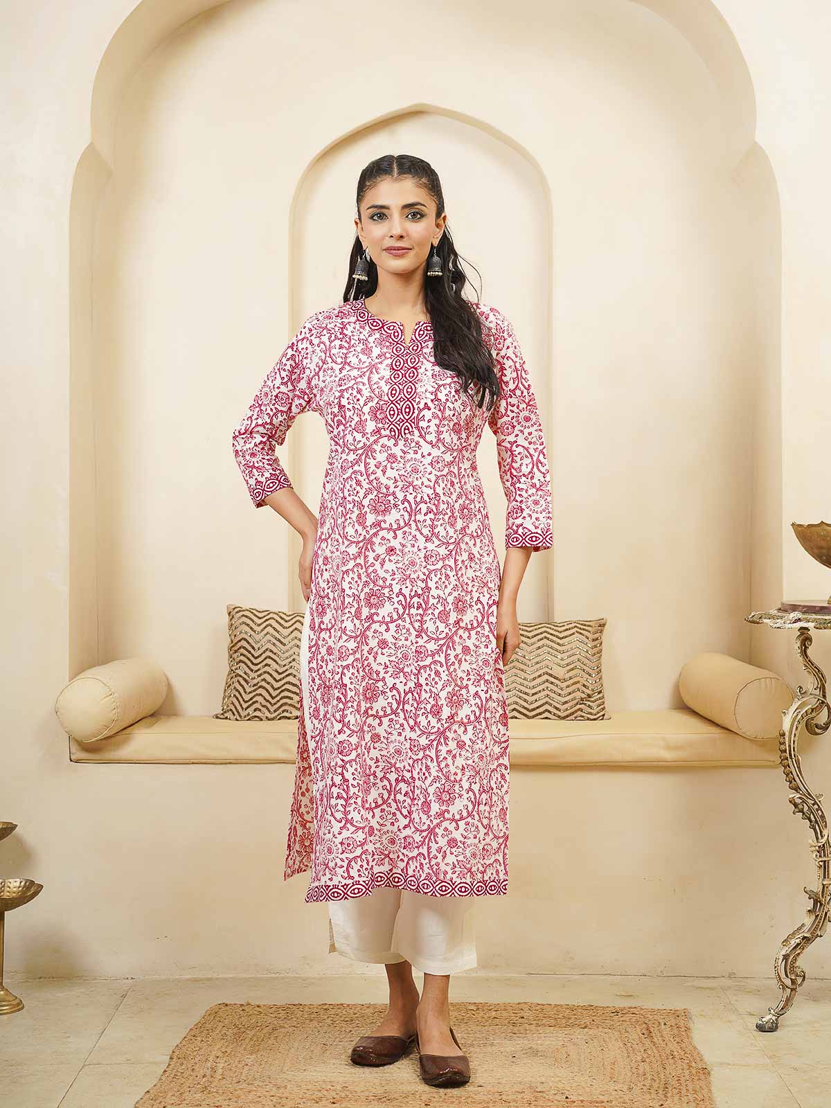 Cotton Block Printed Long Kurta Pink