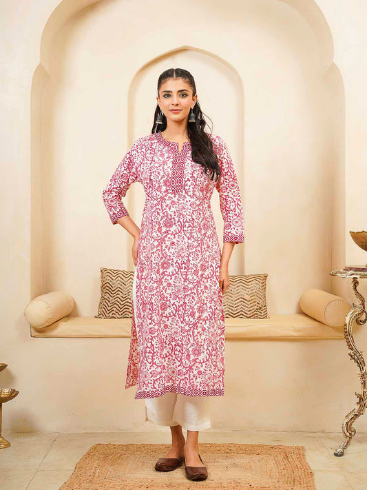 Cotton Block Printed Long Kurta Pink