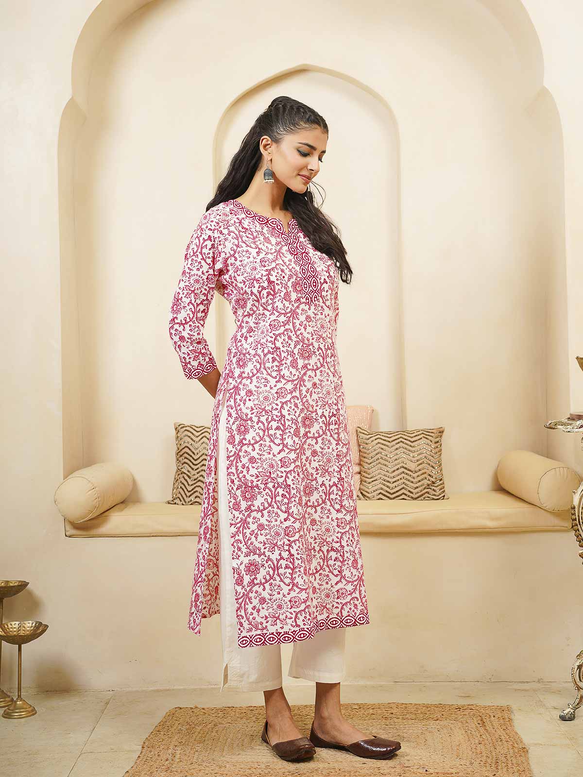 Cotton Block Printed Long Kurta Pink